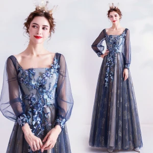 Vintage Donkerblauwe Galajurken 2020 A Lijn Vierkante Halslijn Glans Kant Bloem Rhinestone Lange Mouwen Ruglooze Lange Gelegenheid Jurken