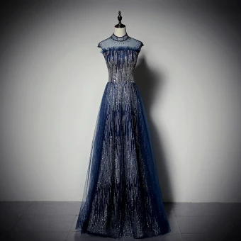 Scintillantes Bleu Marine Paillettes Robe De Soirée 2020 Princesse Col Haut Faux Diamant Sans Manches Dos Nu Longue Robe De Ceremonie