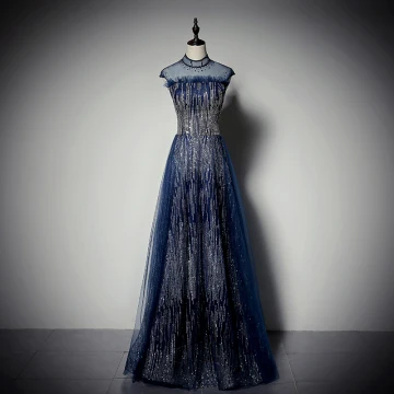 Scintillantes Bleu Marine Paillettes Robe De Soirée 2020 Princesse Col Haut Faux Diamant Sans Manches Dos Nu Longue Robe De Ceremonie