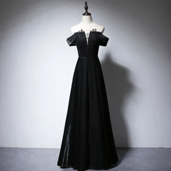Elegant Black Evening Dresses 2020 A Line Princess Scoop Neck Beading Short Sleeve Backless Floor Length Long Formal Dresses