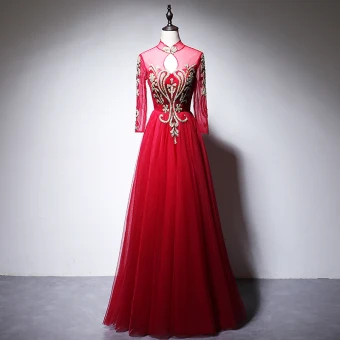 Chinese Stijl Rode Avondjurken 2020 A Lijn Hoge Kraag Kralen Rhinestone Pailletten Lange Mouwen Lange Gelegenheid Jurken