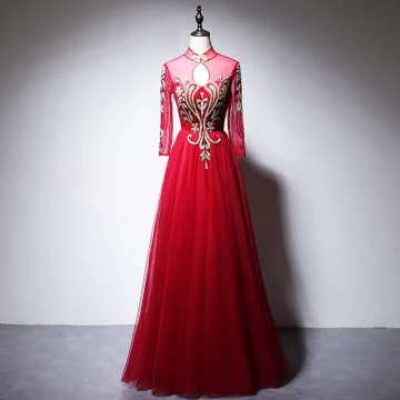Style Chinois Rouge Robe De Soirée 2020 Princesse Col Haut Perlage Faux Diamant Paillettes Manches Longues Longue Robe De Ceremonie