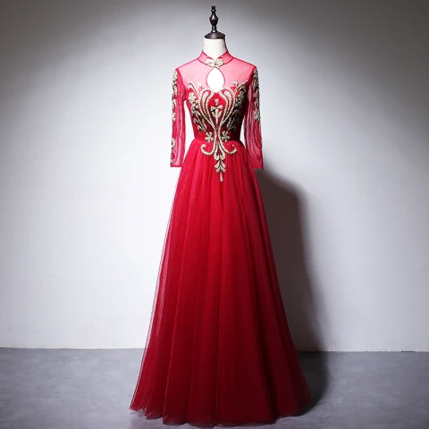 Style Chinois Rouge Robe De Soirée 2020 Princesse Col Haut Perlage Faux Diamant Paillettes Manches Longues Longue Robe De Ceremonie