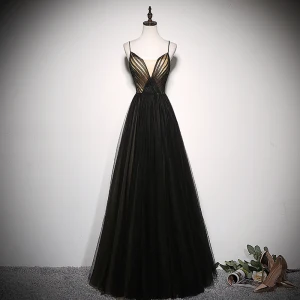 Chic Belle Noire Robe De Soirée 2020 Princesse Bretelles Spaghetti Sans Manches Dos Nu Longue Robe De Ceremonie