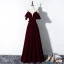 Modest / Simple Burgundy Evening Dresses  2020 A-Line / Princess Spaghetti Straps Suede Bow Short Sleeve Backless Floor-Length / Long Formal Dresses