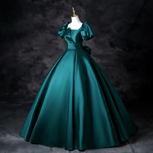 Vintage / Retro Dark Green Satin Prom Dresses 2025 Ball Gown Square Neckline Puffy Short Sleeve Backless Bow Floor-Length / Long Prom Formal Dresses