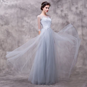 Chic Belle Gris Robe De Soirée 2018 Princesse En Dentelle Fleur Ceinture Encolure Dégagée Dos Nu 3 4 Manches Longue Robe De Ceremonie