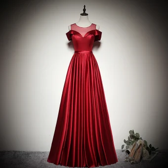 Elegant Solid Color Burgundy Evening Dresses 2020 A Line Princess Scoop Neck Short Sleeve Backless Floor Length Long Formal Dresses