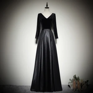 Simple Noire Robe De Soirée 2020 Princesse Daim V Cou Manches Longues Dos Nu Longue Robe De Ceremonie