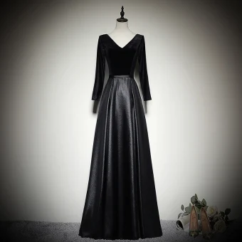 Modest Simple Black Evening Dresses 2020 A Line Princess Suede V Neck Long Sleeve Backless Floor Length Long Formal Dresses