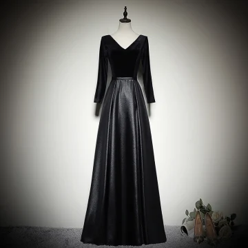 Simple Noire Robe De Soirée 2020 Princesse Daim V Cou Manches Longues Dos Nu Longue Robe De Ceremonie