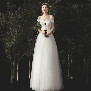Charmant Ivoire Robe De Mariée 2020 Princesse Volants De L 039 Épaule En Dentelle Fleur Sans Manches Dos Nu Longue