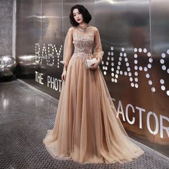 Elegante Champagne Avondjurken 2020 A Lijn Hoge Kraag Rhinestone Pailletten Kant Bloem Lange Mouwen Ruglooze Sweep Trein Gelegenheid Jurken
