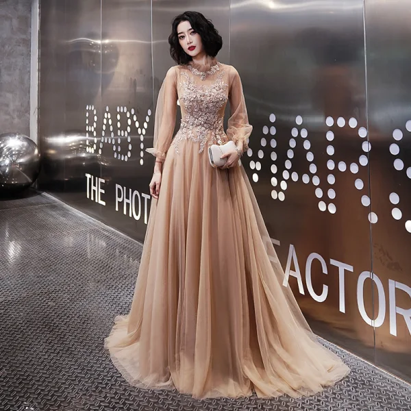 long sleeve champagne evening dress Long Sleeves Mermaid Champagne Gold Lace Long Evening Prom Dresses, MR7779 main image 0