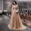 Elegant Champagne Evening Dresses  2020 A-Line / Princess High Neck Rhinestone Sequins Lace Flower Long Sleeve Backless Sweep Train Formal Dresses