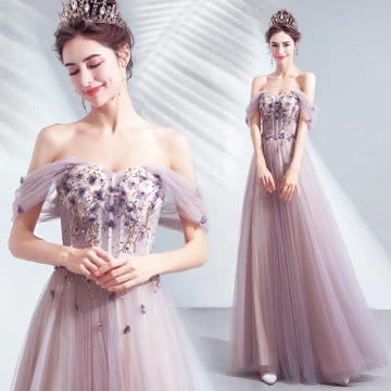 Chic Belle Violet Robe De Soirée 2020 Princesse De L Épaule Perlage Appliques Fleur En Dentelle Paillettes Sans Manches Dos Nu Longue Robe De Ceremonie