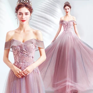 Charmant Rose Bonbon Robe De Soirée 2020 Princesse De L 039 Épaule Glitter Tulle Perlage En Dentelle Fleur Sans Manches Dos Nu Longue Robe De Ceremonie