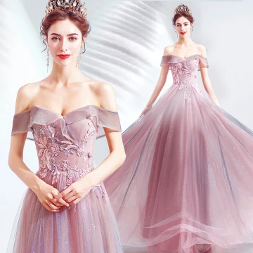 Charmant Rose Bonbon Robe De Soirée 2020 Princesse De L 039 Épaule Glitter Tulle Perlage En Dentelle Fleur Sans Manches Dos Nu Longue Robe De Ceremonie