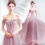 Charming Candy Pink Evening Dresses  2020 A-Line / Princess Off-The-Shoulder Glitter Tulle Beading Lace Flower Sleeveless Backless Floor-Length / Long Formal Dresses