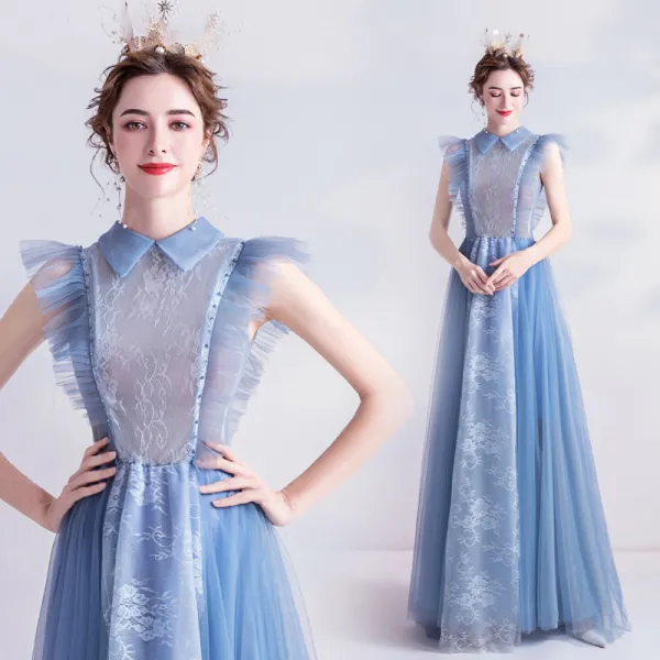 Vintage Błękitne Sukienki Wieczorowe 2020 Princessa Wysokiej Szyi Wzburzyć Z Koronki Kwiat Bez Rękawów Długie Sukienki Wizytowe