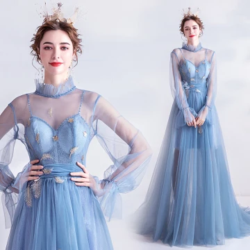 Vintage Retro Sky Blue Evening Dresses 2020 A Line Princess High Neck Appliques Crystal Lace Flower Rhinestone Sequins Long Sleeve Backless Sweep Train Formal Dresses