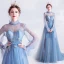 Vintage / Retro Sky Blue Evening Dresses  2020 A-Line / Princess High Neck Appliques Crystal Lace Flower Rhinestone Sequins Long Sleeve Backless Sweep Train Formal Dresses