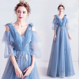 Charmant Bleu Ciel Robe De Soirée 2020 Princesse V Cou En Dentelle Paillettes 1 2 Manches Dos Nu Longue Robe De Ceremonie