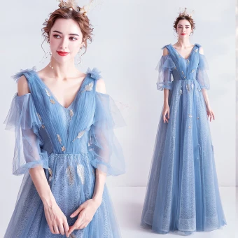 Charming Sky Blue Evening Dresses 2020 A Line Princess V Neck Lace Sequins 1 2 Sleeves Backless Floor Length Long Formal Dresses
