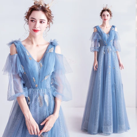 Charmant Bleu Ciel Robe De Soirée 2020 Princesse V-Cou En Dentelle Paillettes 1/2 Manches Dos Nu Longue Robe De Ceremonie