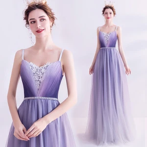 Charming Purple Evening Dresses 2020 A Line Princess Spaghetti Straps Beading Rhinestone Appliques Lace Flower Sleeveless Backless Floor Length Long Formal Dresses