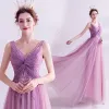 Chic / Beautiful Purple Evening Dresses  2020 A-Line / Princess V-Neck Beading Rhinestone Sequins Sleeveless Backless Floor-Length / Long Formal Dresses