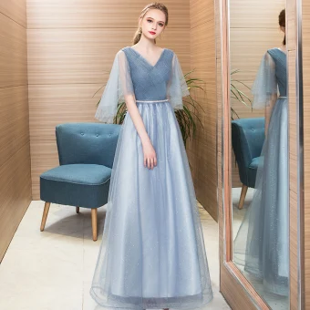 Chic Belle Bleu Ciel Robe De Soirée 2018 Princesse Faux Diamant V Cou Dos Nu 3 4 Manches Longue Robe De Ceremonie