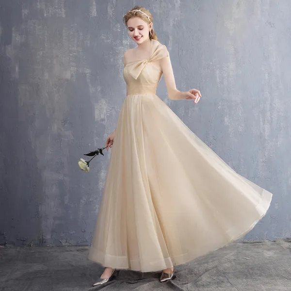 champagne one shoulder dresses bridesmaid