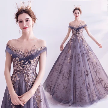 Elegante Paarse Glans Galajurken 2020 A Lijn Ronde Hals Kralen Rhinestone Pailletten Kant Bloem Korte Mouwen Ruglooze Sweep Trein