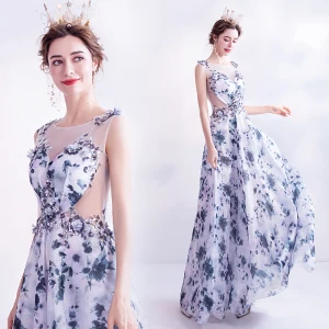 Charming Ocean Blue Ivory Floral Evening Dresses 2020 A Line Princess Scoop Neck Sequins Appliques Printing Sleeveless Backless Floor Length Long Formal Dresses