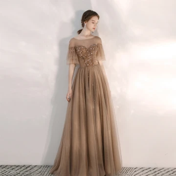 Elegant Brown Evening Dresses 2020 A Line Princess Scoop Neck Rhinestone Sequins Short Sleeve Backless Floor Length Long Formal Dresses