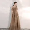 Elegant Brown Evening Dresses  2020 A-Line / Princess Scoop Neck Rhinestone Sequins Short Sleeve Backless Floor-Length / Long Formal Dresses