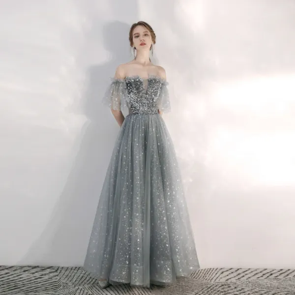 Charming Grey Star Sequins Prom Dresses 2020 A-Line / Princess Ruffle Off-The-Shoulder Short Sleeve Backless Floor-Length / Long Formal Dresses