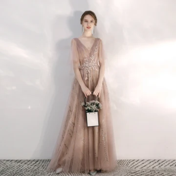 Chic Beautiful Champagne Evening Dresses 2020 A Line Princess V Neck Glitter Beading Lace Flower Rhinestone Sequins 1 2 Sleeves Backless Floor Length Long Formal Dresses