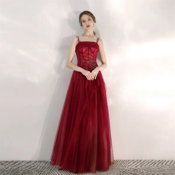 Charming Burgundy Prom Dresses 2020 A-Line / Princess Spaghetti Straps Beading Sequins Sleeveless Backless Floor-Length / Long Formal Dresses