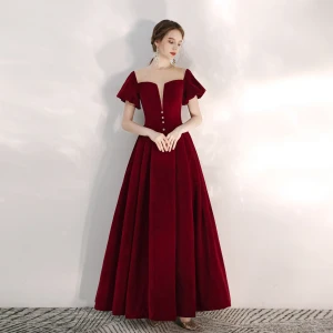Élégant Bordeaux Robe De Bal 2020 Princesse Daim Encolure Dégagée Manches Courtes Dos Nu Longue Robe De Ceremonie