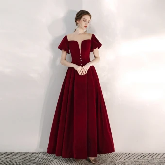 Élégant Bordeaux Robe De Bal 2020 Princesse Daim Encolure Dégagée Manches Courtes Dos Nu Longue Robe De Ceremonie