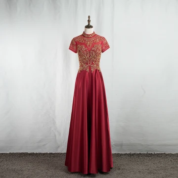 Vintage Originale Style Chinois Doré En Dentelle Bordeaux Robe De Soirée 2020 Princesse Col Haut Perlage Paillettes Manches Courtes Dos Nu Longue Robe De Ceremonie