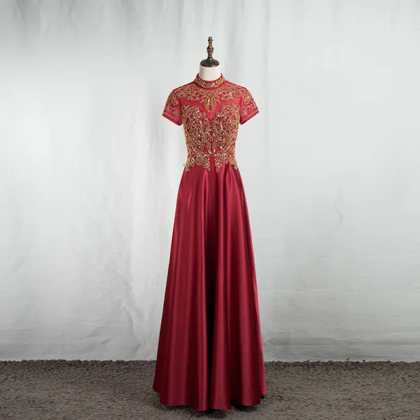Vintage / Retro Chinese style Gold Lace Burgundy Evening Dresses  2020 A-Line / Princess High Neck Beading Sequins Short Sleeve Backless Floor-Length / Long Formal Dresses