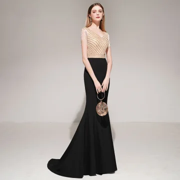 Charming Black Evening Dresses 2021 Trumpet Mermaid V Neck Rhinestone Beading Tassel Sleeveless Sweep Train Evening Party Formal Dresses
