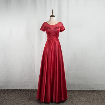 Elegant Burgundy Prom Dresses 2020 A Line Princess Scoop Neck Beading Crystal Short Sleeve Backless Floor Length Long Formal Dresses
