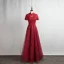 Kinesisk Stil Burgundy Aftonklänningar 2020 Prinsessa Hög Hals Beading Rhinestone Spets Blomma Korta ärm Halterneck Långa Formella Klänningar