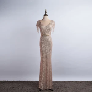 Sparkly Champagne Evening Dresses 2020 Trumpet Mermaid V Neck Beading Tassel Sequins Bow Short Sleeve Floor Length Long Formal Dresses