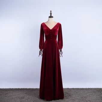 Elegant Burgundy Prom Dresses 2020 A Line Princess Suede V Neck Long Sleeve Backless Floor Length Long Formal Dresses