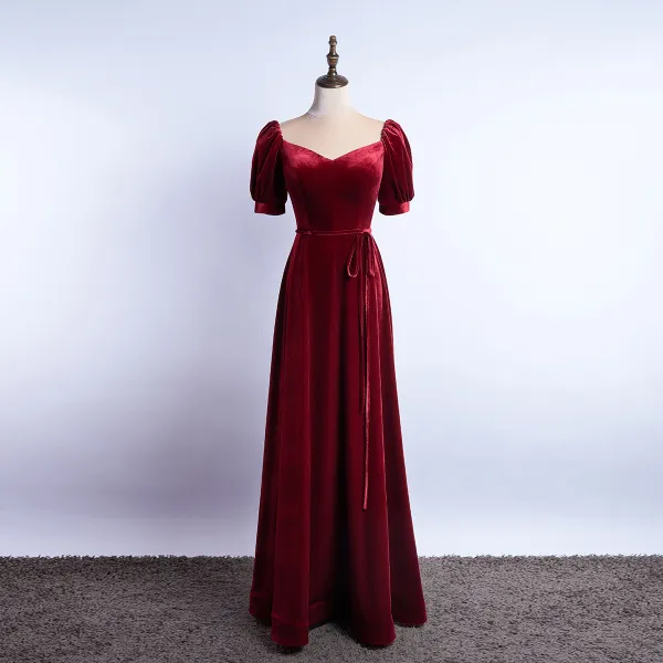 Modest / Simple Burgundy Suede Evening Dresses  2020 A-Line / Princess Square Neckline Short Sleeve Backless Floor-Length / Long Formal Dresses